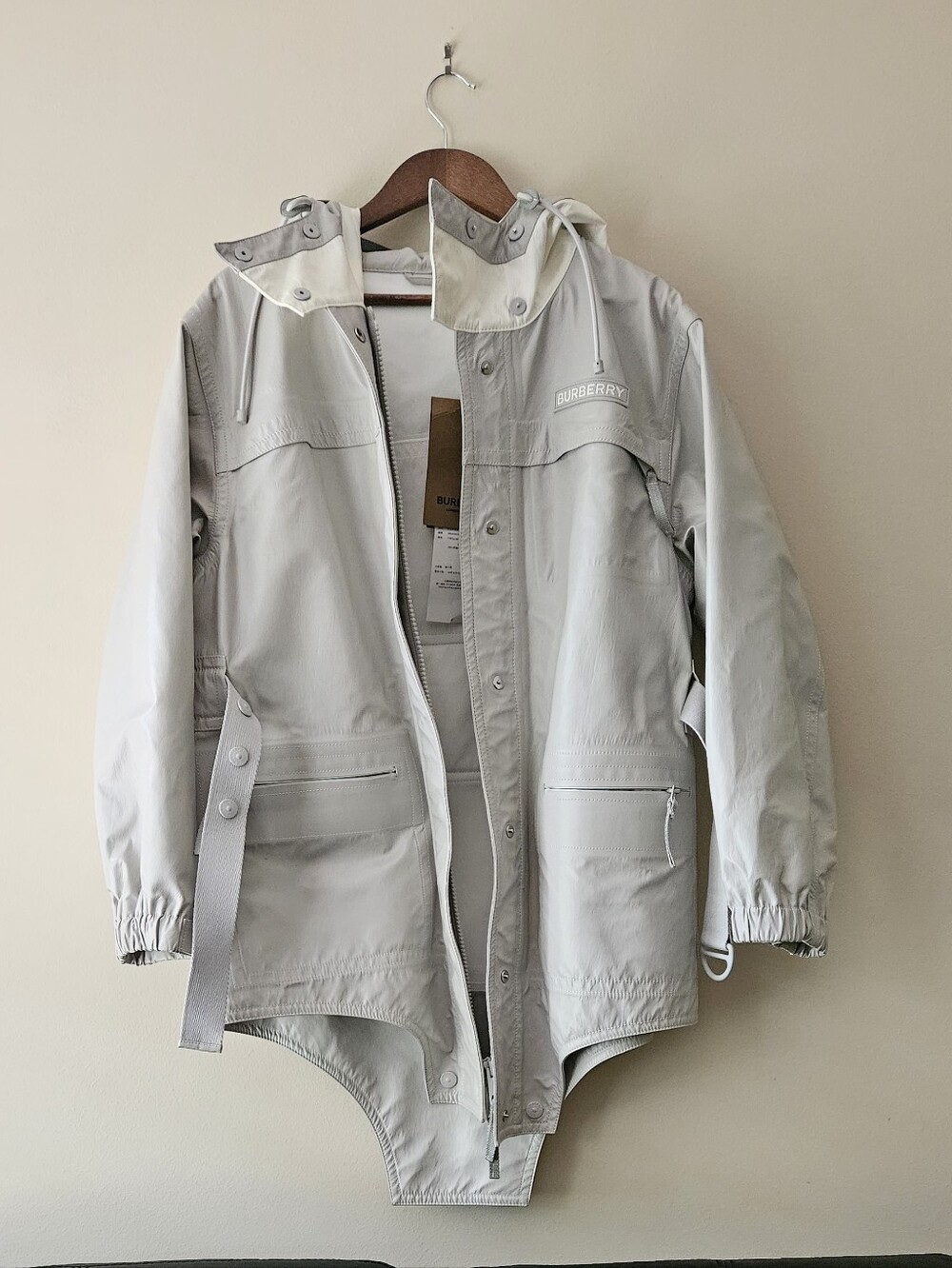 Burberry Light Gray Hooded Belted Utility Jacket